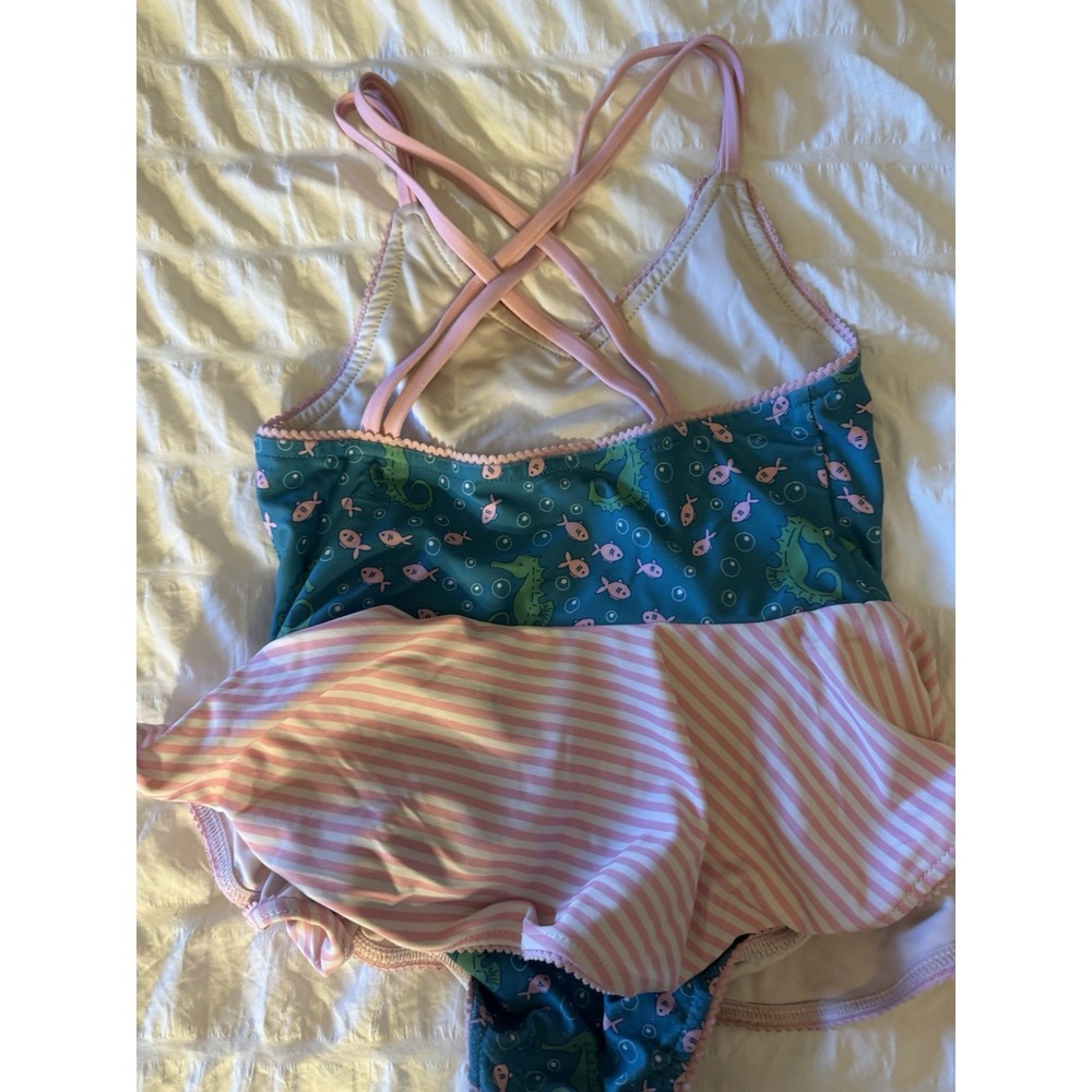 SweetHoney‎ Sweet Honey 3T Toddler Girl Skirted Swimsuit Pink Green White Fish - Picture 3 of 4